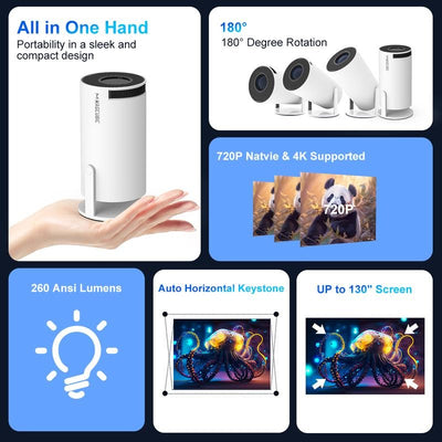 Portable Smart Mini Projector – 720P Native, 4K Support & Android 11