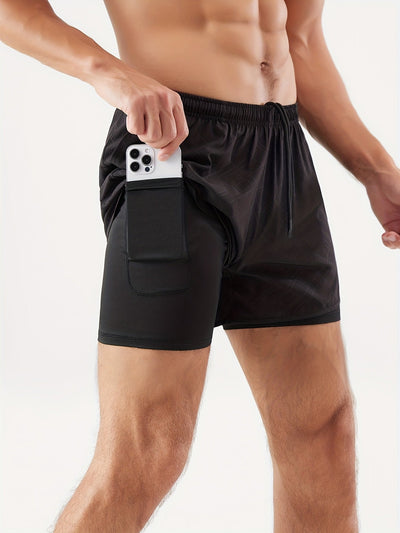 Men's 2 In 1 Running Shorts Quick Dry Gym Athletic Workout Shorts With Phone Pockets