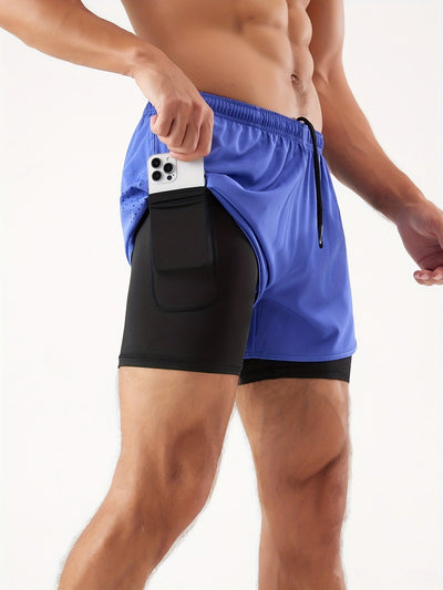 Men's 2 In 1 Running Shorts Quick Dry Gym Athletic Workout Shorts With Phone Pockets