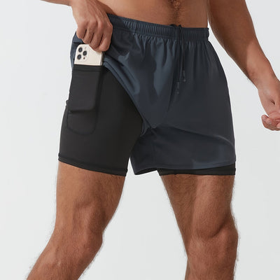 Men's 2 In 1 Running Shorts Quick Dry Gym Athletic Workout Shorts With Phone Pockets