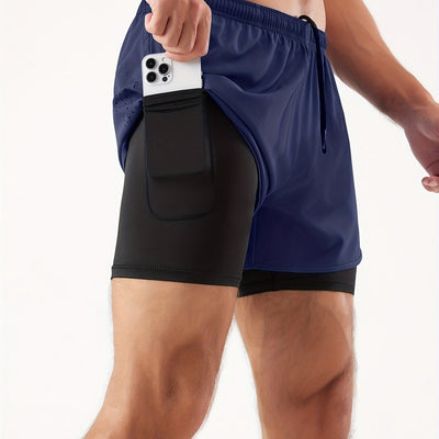 Men's 2 In 1 Running Shorts Quick Dry Gym Athletic Workout Shorts With Phone Pockets