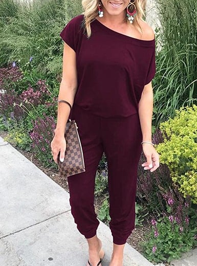 Women's Loose Solid Off Shoulder Elastic Waist Stretchy Long Romper Jumpsuit