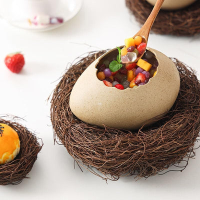 Eggshell Ceramic Bowl with Rattan Nest