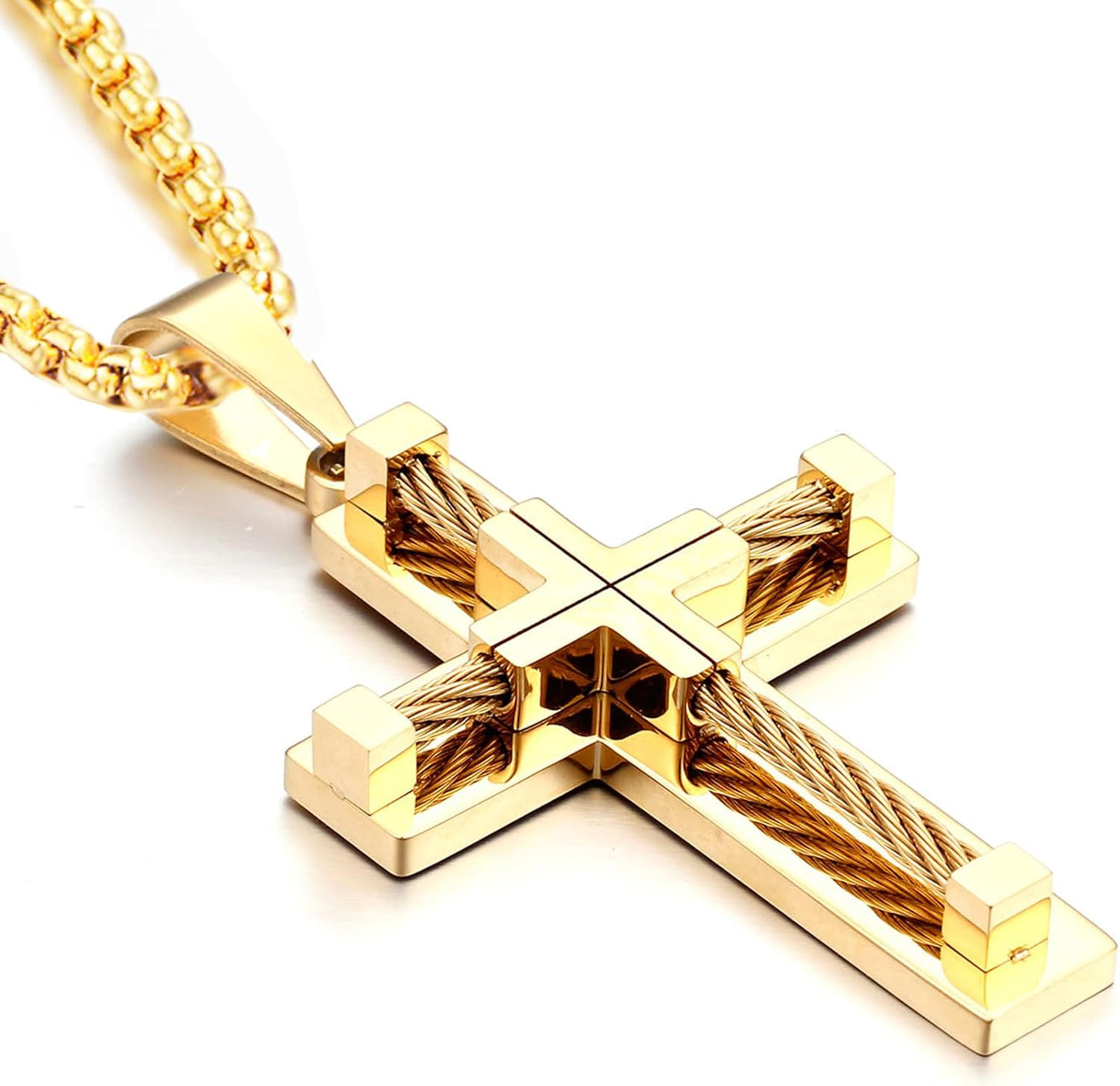 Gold-Plated Twisted Rope Cross Pendant Necklace