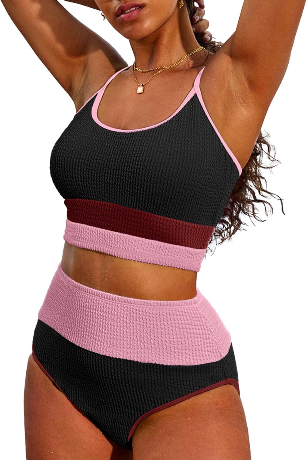 High-Waisted Color Block Bikini Set – Chic & Flattering Swimwear
