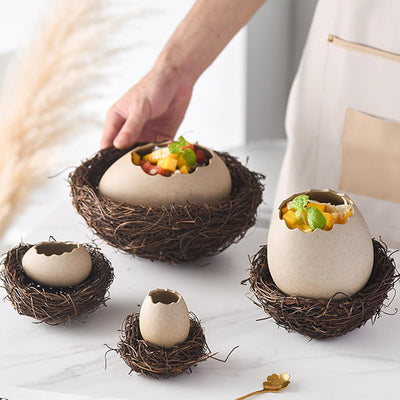 Eggshell Ceramic Bowl with Rattan Nest