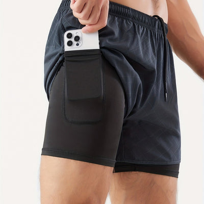 Men's 2 In 1 Running Shorts Quick Dry Gym Athletic Workout Shorts With Phone Pockets