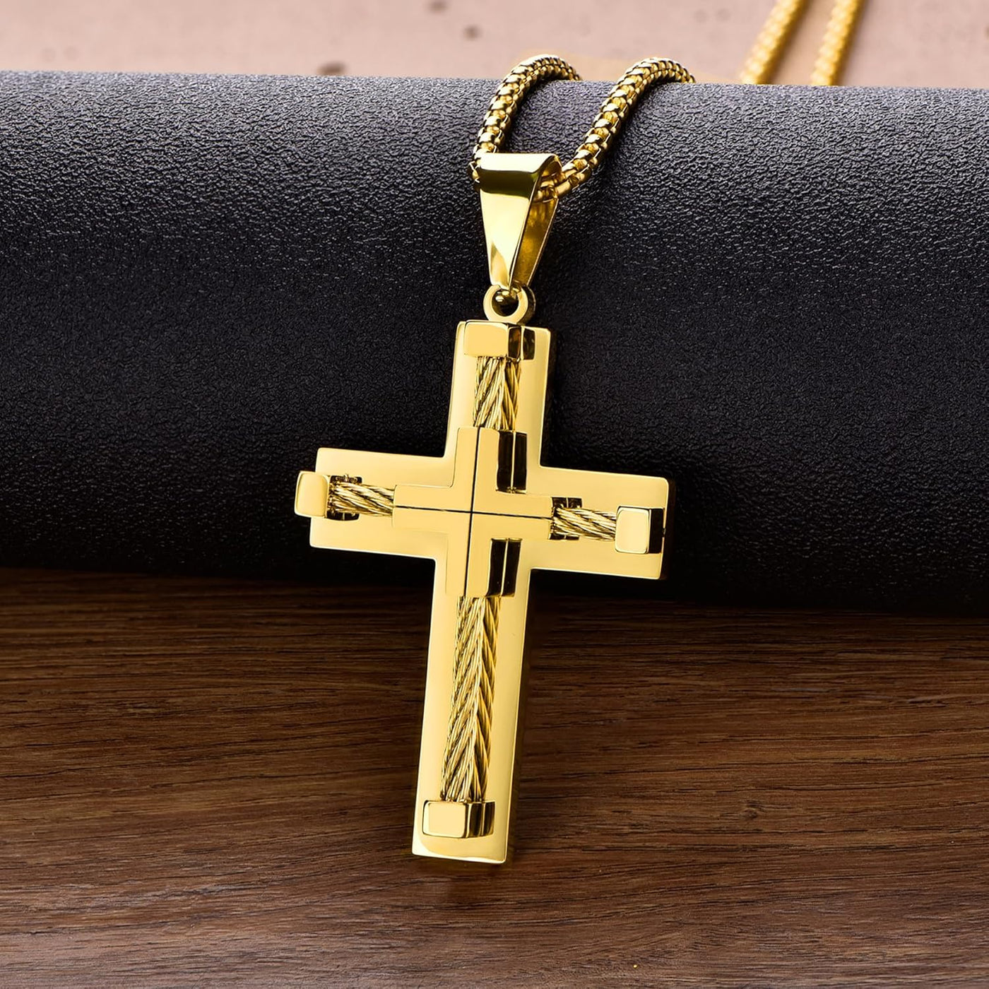 Gold-Plated Twisted Rope Cross Pendant Necklace