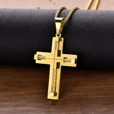 Gold-Plated Twisted Rope Cross Pendant Necklace