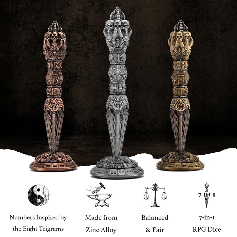 💀Metal Wand Skull Dice & Bone RPG Dice Set