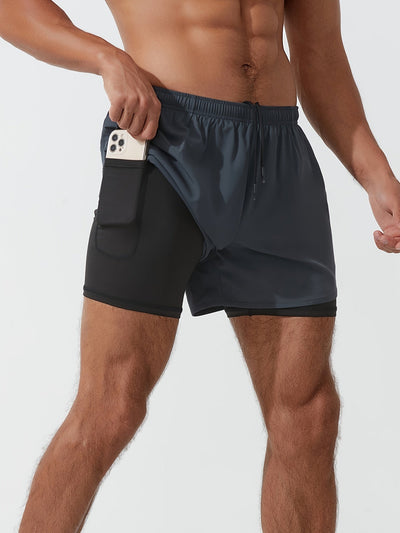 Men's 2 In 1 Running Shorts Quick Dry Gym Athletic Workout Shorts With Phone Pockets