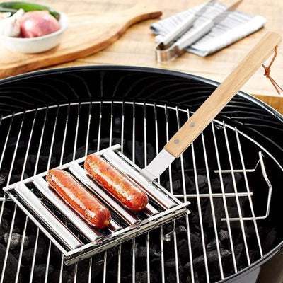 Rotating Hot Dog Grill Rack with Detachable Wood Handle