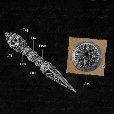 💀Metal Wand Skull Dice & Bone RPG Dice Set