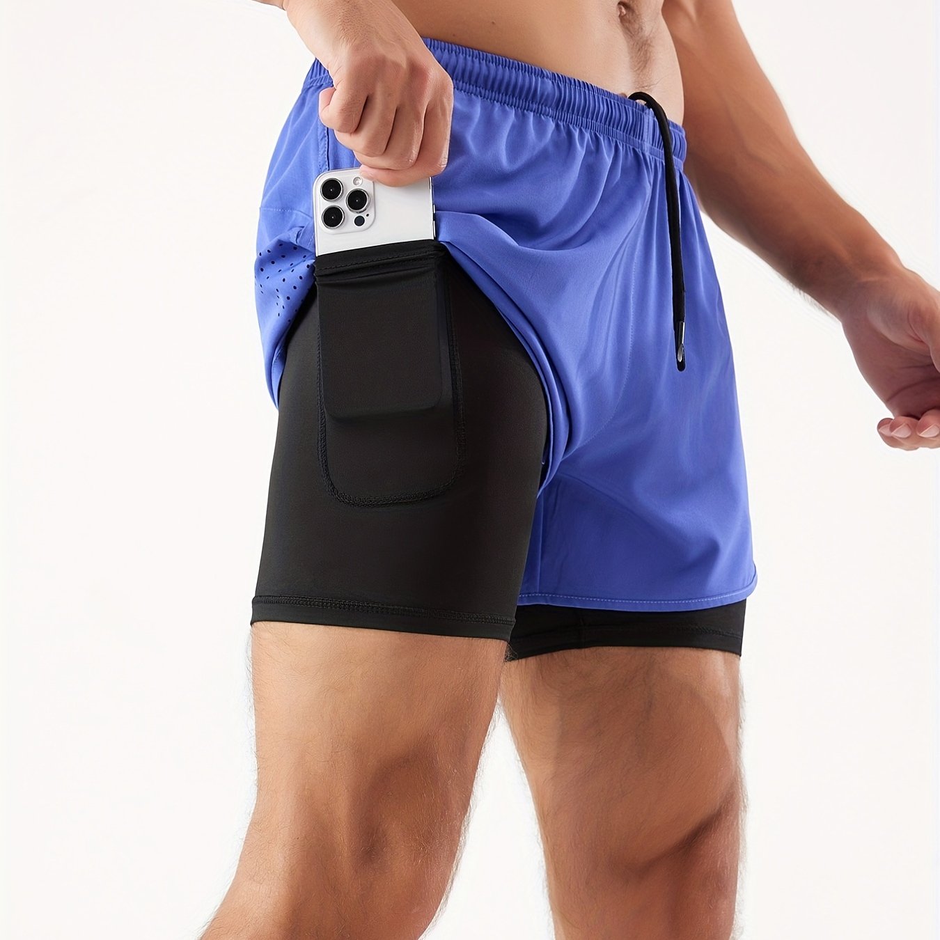 Men's 2 In 1 Running Shorts Quick Dry Gym Athletic Workout Shorts With Phone Pockets