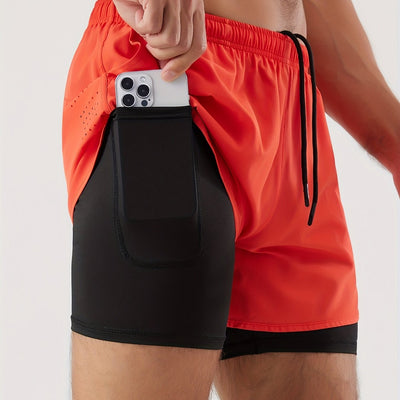 Men's 2 In 1 Running Shorts Quick Dry Gym Athletic Workout Shorts With Phone Pockets