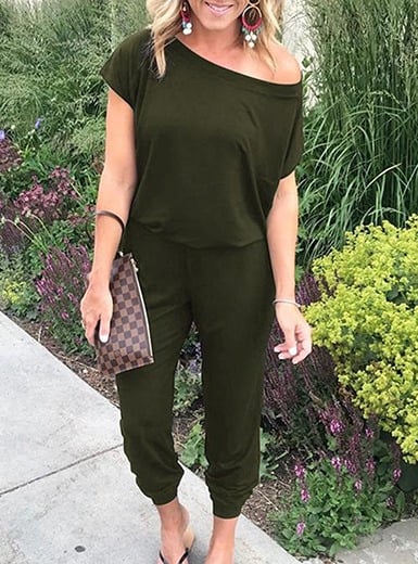 Women's Loose Solid Off Shoulder Elastic Waist Stretchy Long Romper Jumpsuit