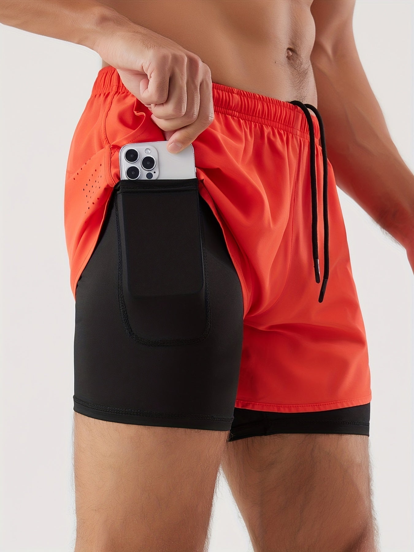 Men's 2 In 1 Running Shorts Quick Dry Gym Athletic Workout Shorts With Phone Pockets