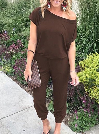 Women's Loose Solid Off Shoulder Elastic Waist Stretchy Long Romper Jumpsuit