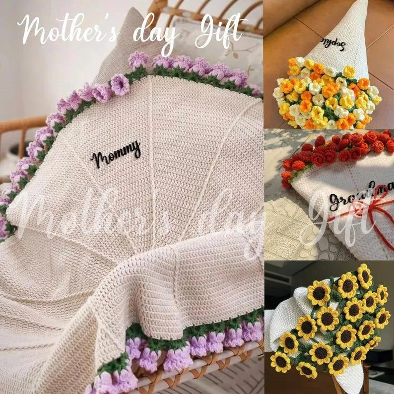 Hand-Knitted Rose Blanket DIY Kit & Ready-Made Gift for Mother's Day Valentine's Day